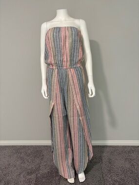 NWT $242 M DREW by Anthropologie Strapless Wide-Leg Striped Jumpsuit Pink Gray